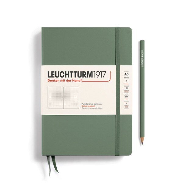 Olive green hardcover dotted notebook with closure strap and two bookmarks.